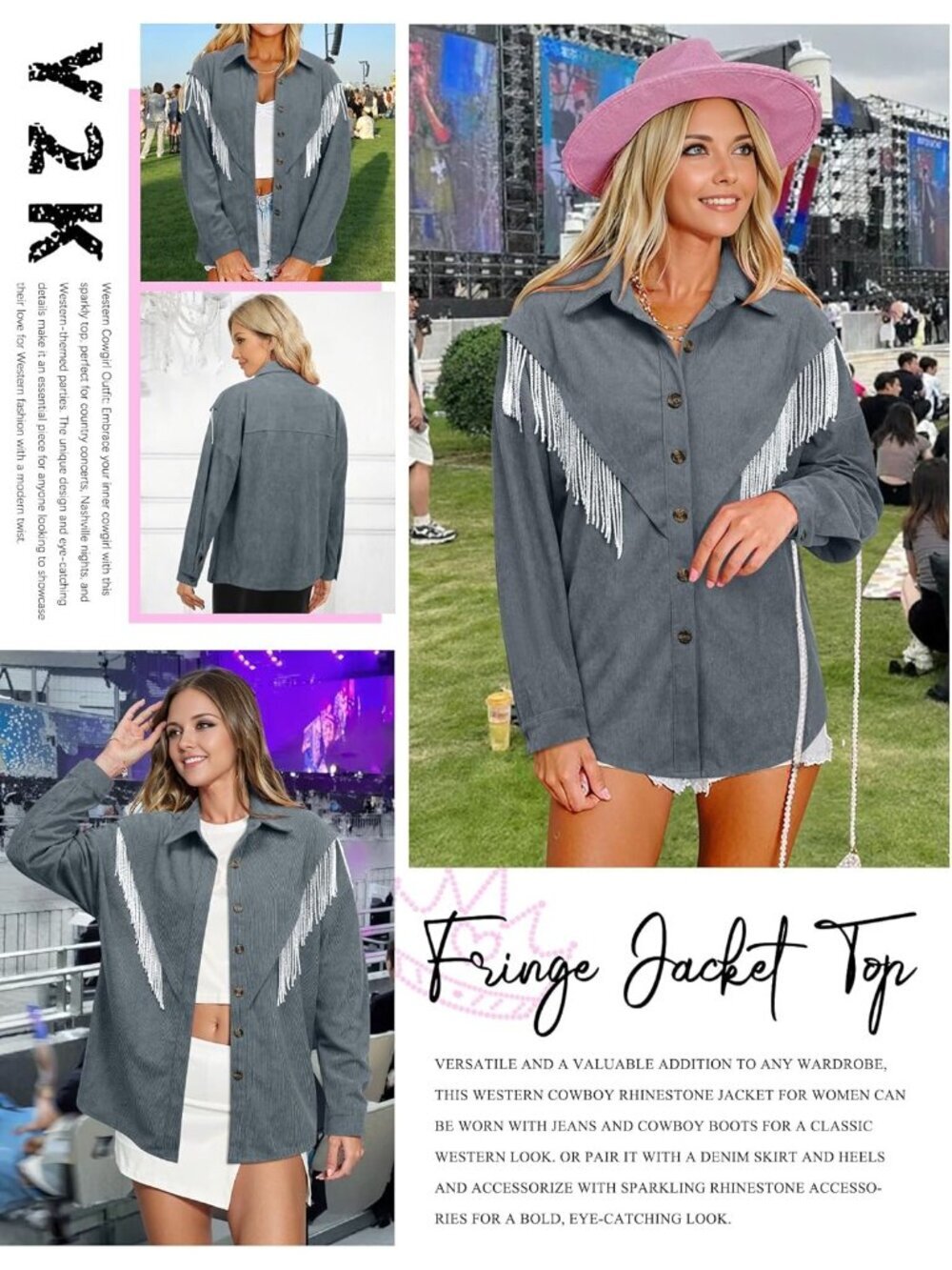 Women's Grey Corduroy Nashville Sparkly Rhinestone Fringe Long Sleeves Jacket - Picture 4 of 6